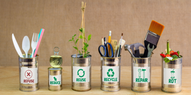 Zero Waste management in 6 tin cans with labels and symbols. Refuse, reduce, recycle, repair, reuse, rot. Sustainable living and zero waste concept